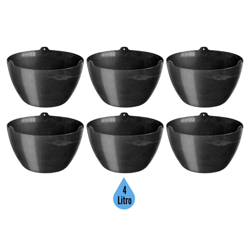 Kit 6 Vaso Cachepo Elegance 4 Litros Cuia 01 Preto Onix Cachepot De Plástico Para Plantas Pendentes  - Nutriplan