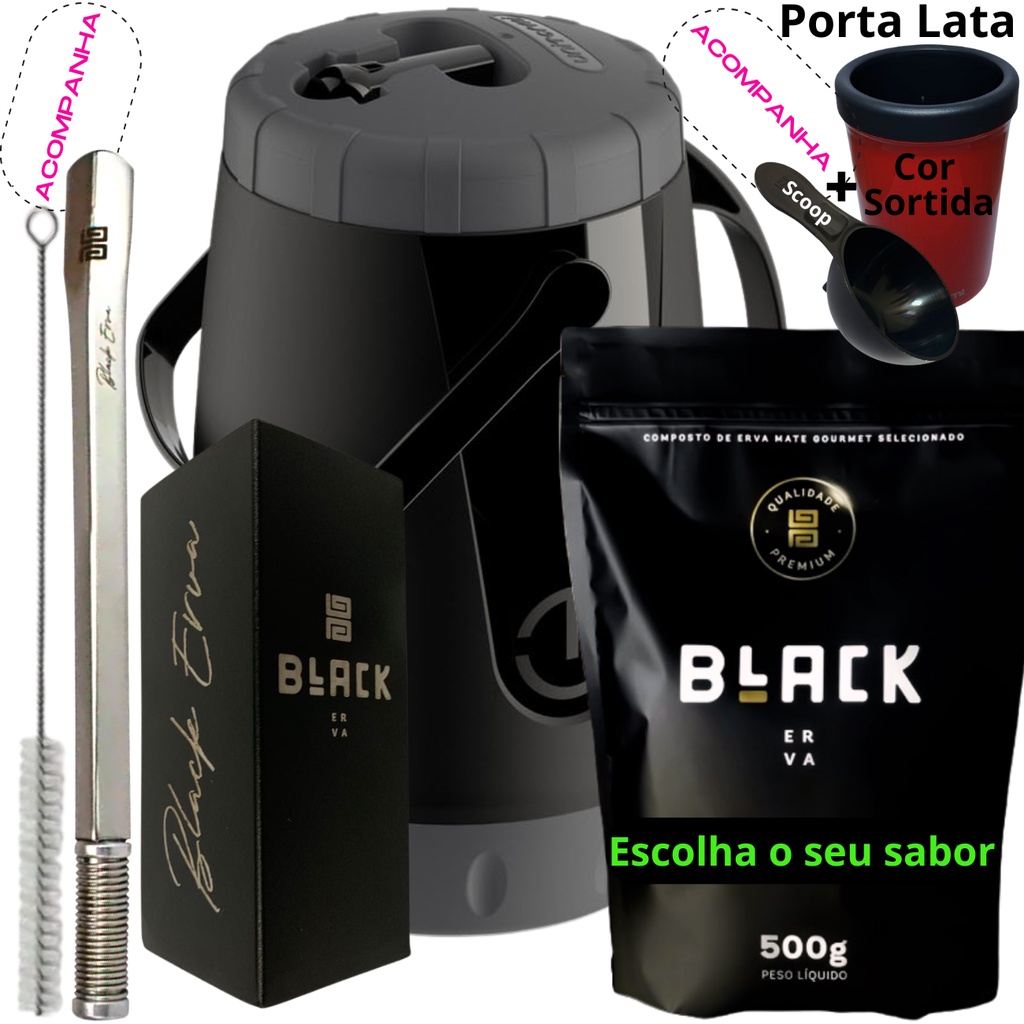 Kit Completo Tereré Black Erva Mate Garrafa térmica Copo Inox Bomba Mola Inox Quadrada Cromada
