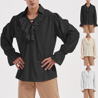 Chegam Novas Medieval Renascentista Masculino Vintage Cosplay Pirata Traje Adulto Palco Desempenho Lapela Plissado Camis