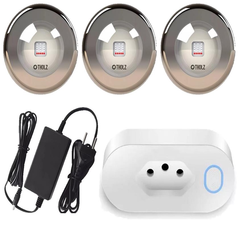 KIT 3 LED 20W AZUL PREMIUM INOX THOLZ + FONTE + TOMADA WIFI