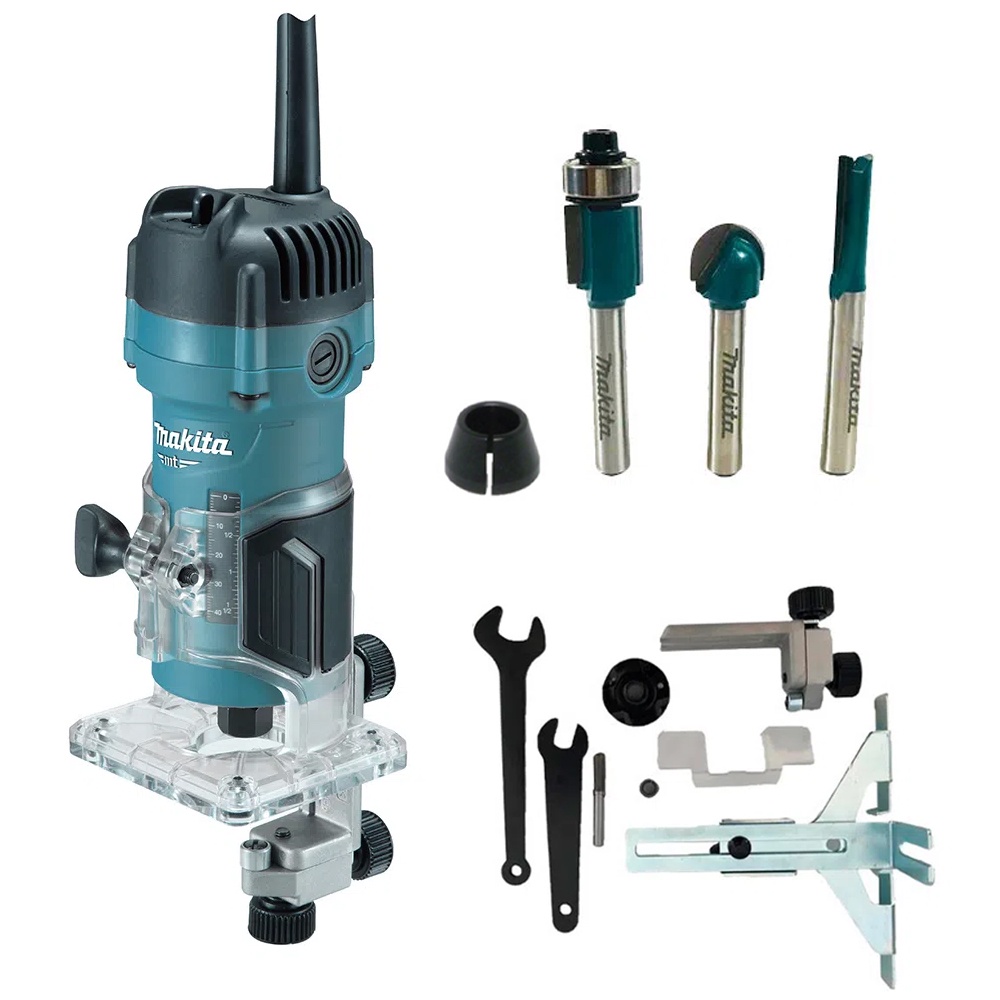 Kit Tupia Manual 6mm 530 Watts M3700B Makita e 3 Fresas D-16461 e Pinça 1/4 Pol
