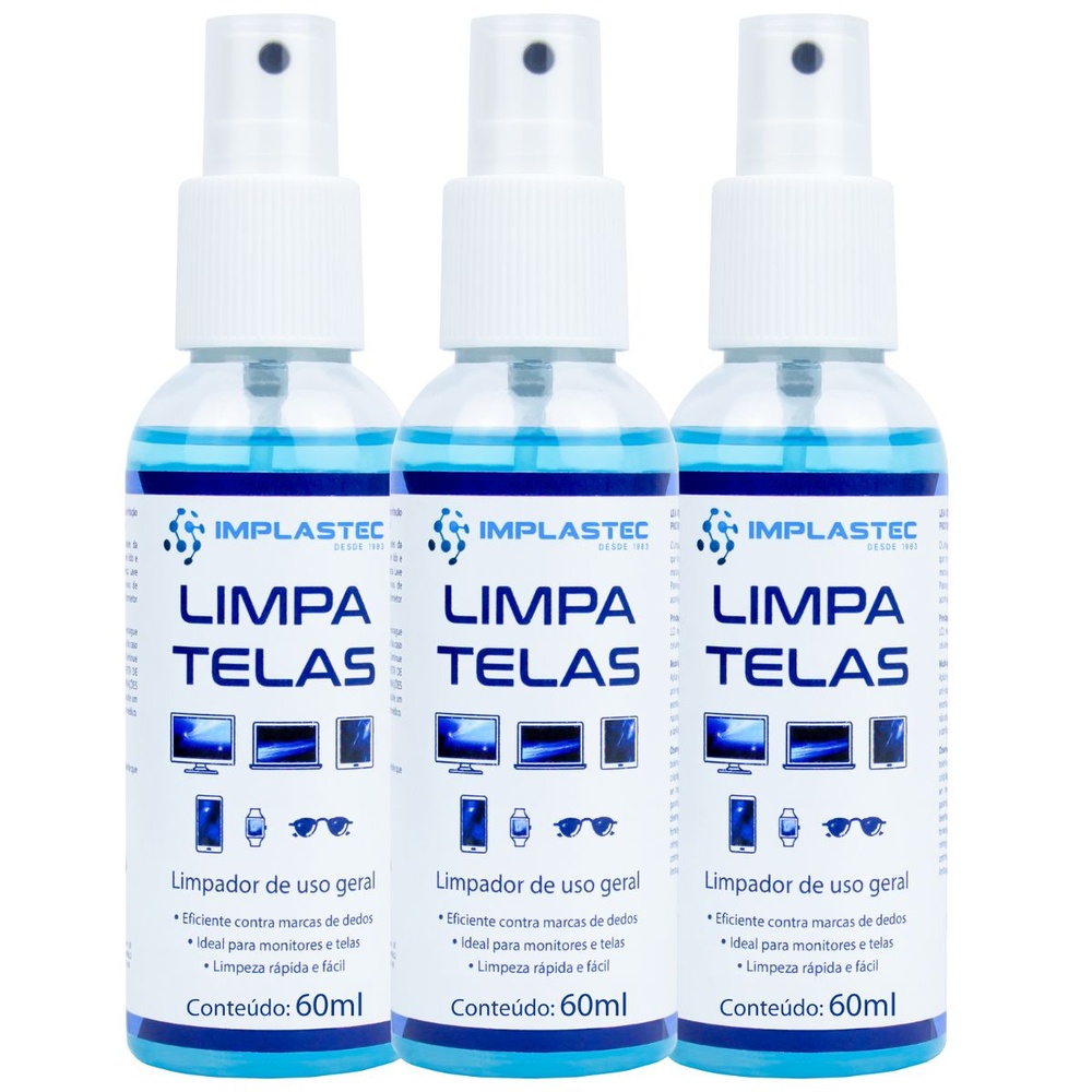 Kit 3 Limpa Telas 60ml Led Plasma Lcd iPod iPad Tvs Monitores Celulares Implastec
