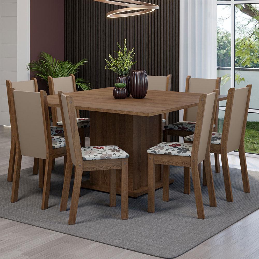 Conjunto Sala de Jantar Mesa Tampo de Madeira 8 Cadeiras Rustic/Crema/Hibiscos Marisa Madesa - Home & Living