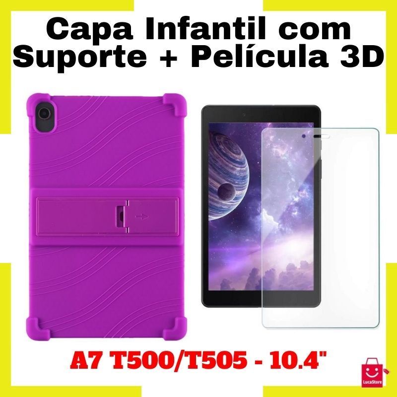 Kit Case Capa Capinha de Silicone Infantil com Suporte + Pelicula 3D Vidro Temperado para Samsung Tab A7 T500/T505 - 10.4 Polegadas