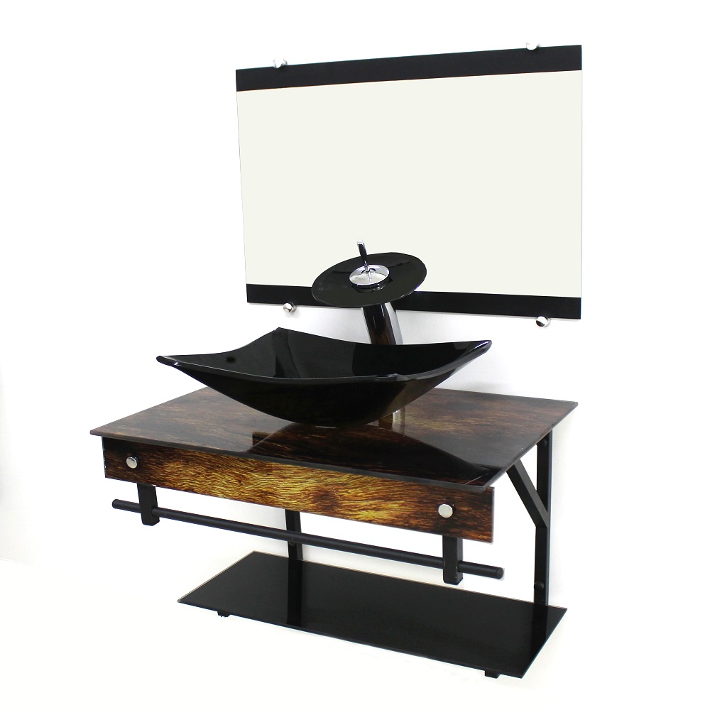 GABINETE DE VIDRO 60CM APX COM CUBA RETANGULAR MADEIRA RÚSTICA