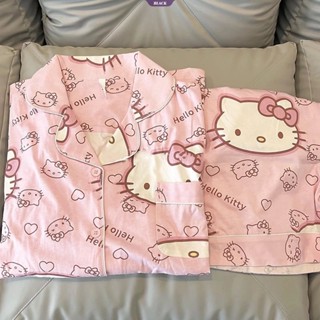 HelloKitty Sanrio Cute Print Feminino Pijama Manga Curta Estudante Novo Kawaii Mulher Casa Roupa Causal Conjunto De 2 Peças Desenho Animado [BL]