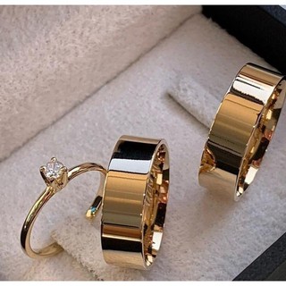 Par Aliança Reta 6mm compromisso  mais 1 Anel Solitário de Aço Inoxidável Banhada a Ouro 18k