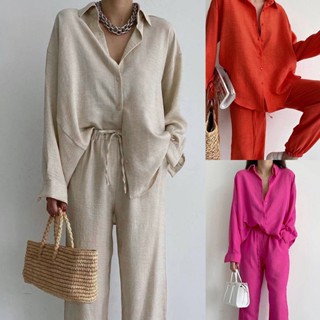 Moderno Conjunto Feminino De Camisa E Calça De Linho Em Estilo Casual