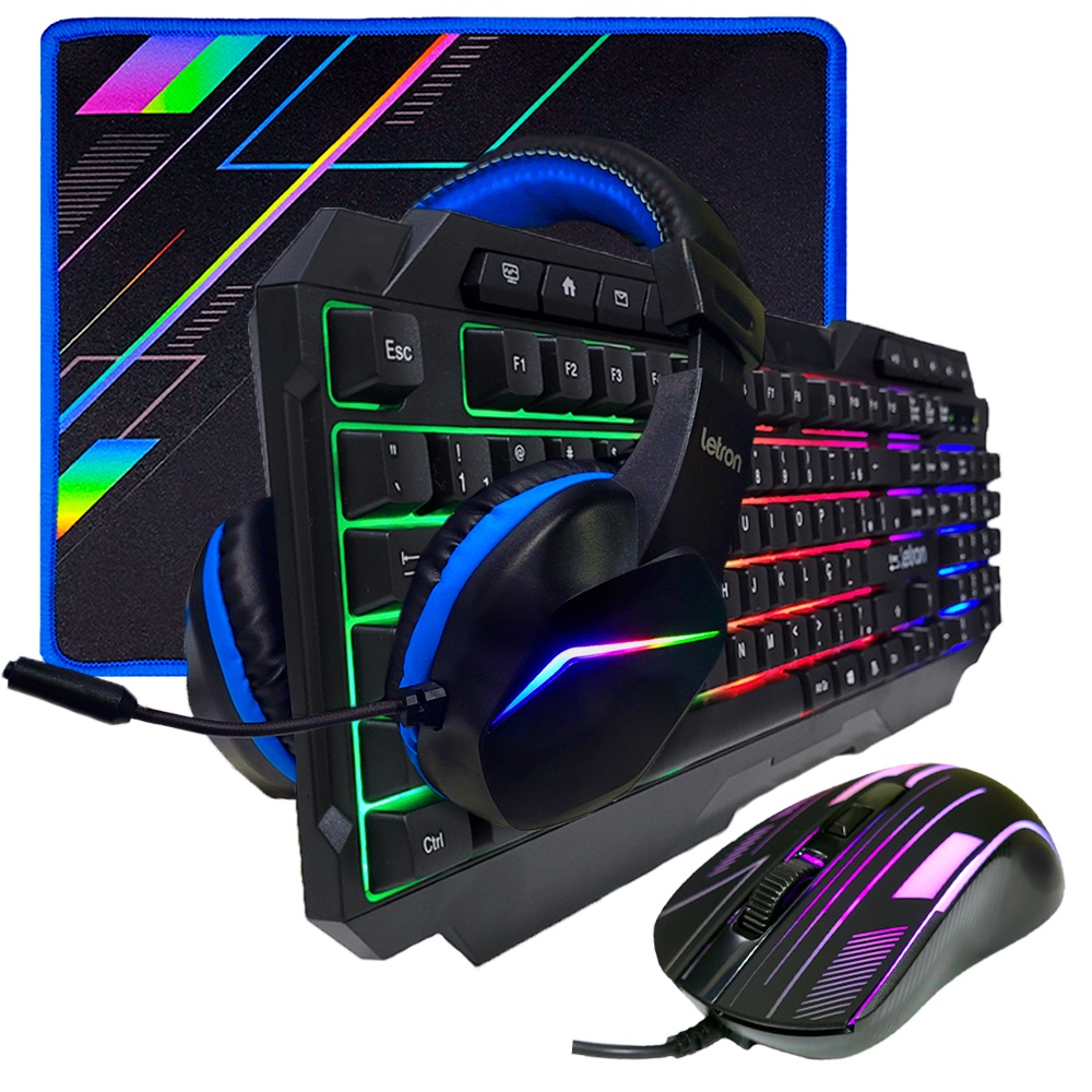 Kit Gamer Teclado Anti Ghost + Mouse Gamer 1600dpi + Headset Gamer + Mousepad Gamer 1600dpi Usb Rgb Iluminado Jogos Pc