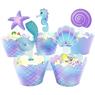 40Pcs Coberturas De Cupcake De Sereia , Inclui Bolo De 20pcs E Lado Duplo , Decoração Temática Da Pequena Sob O Mar Festa De Aniversário Do Bebê Ducha Favor