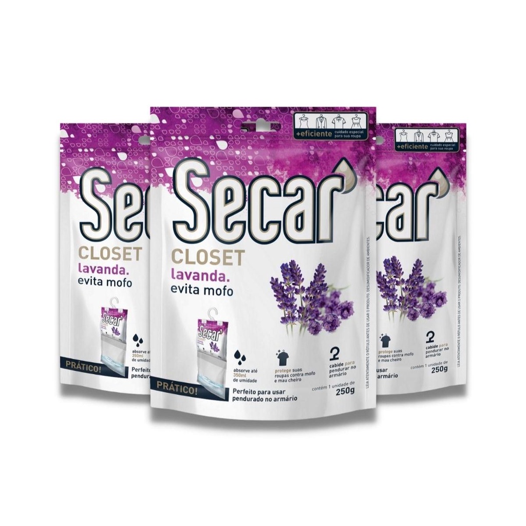 Kit Com 3 Evita Mofo Secar Original Closet Lavanda 250g Anti Umidade Fungos Cheiro Guarda Roupas