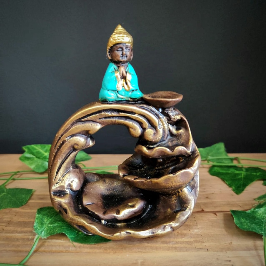 Imagem PORTA INCENSO CASCATA BUDA MAIOR ENVELHECIDO COM TURQUESA 15CM