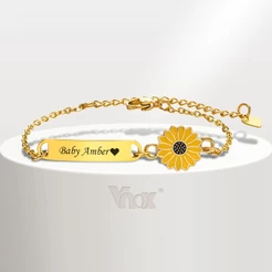 Vnox Baby Bracelet Nome Personalizado ID Girassol Elo De Corrente De Aço Inoxidável , Presente De Aniversário