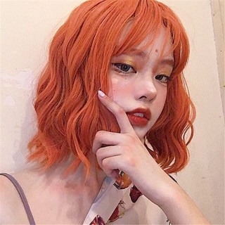 Peruca Laranja Com Franja De Ar Fêmea De Cabelo Curto Encaracolado De Fibra Química