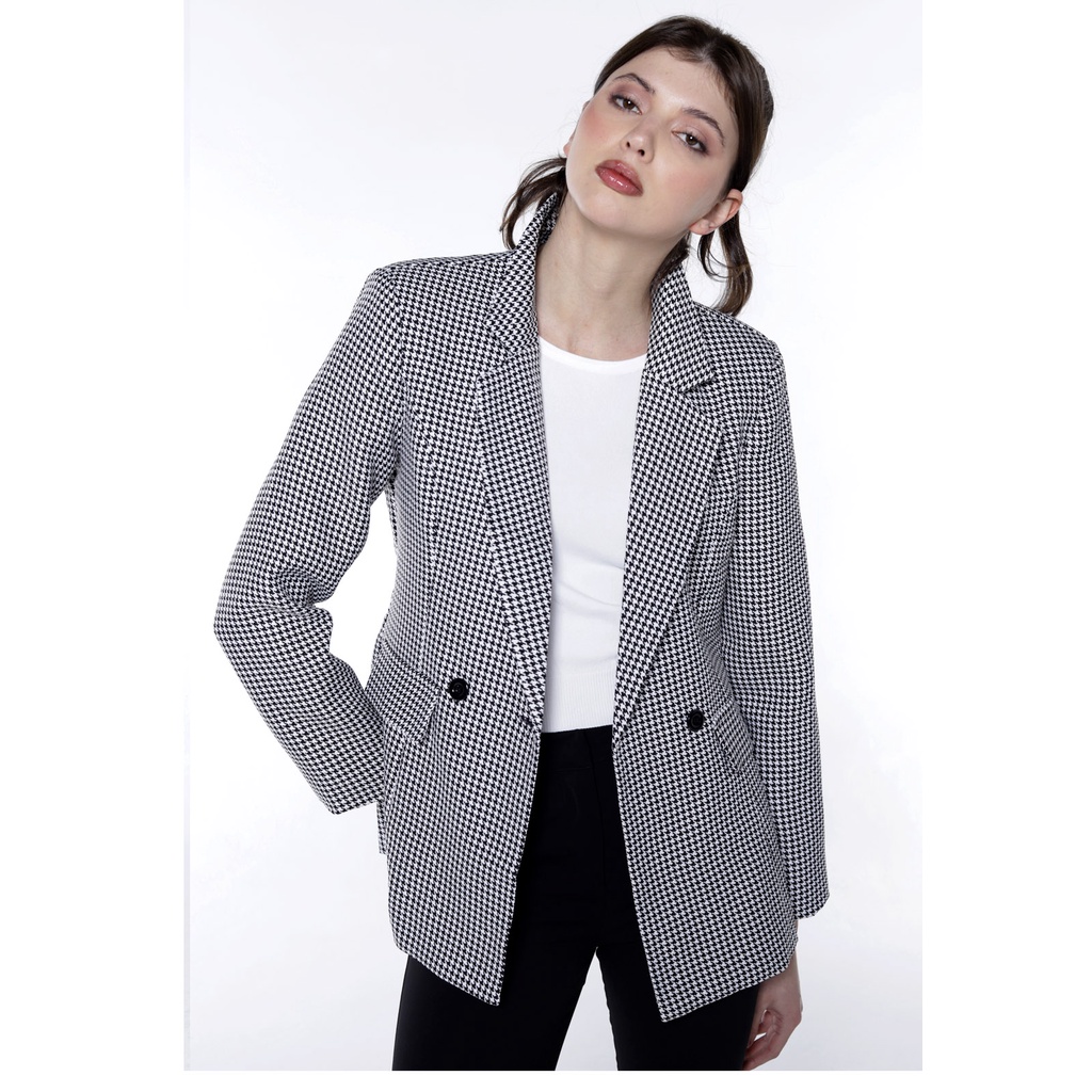 Blazer Feminino Preto Alfaiataria Xadrez Pied de Poule Sob