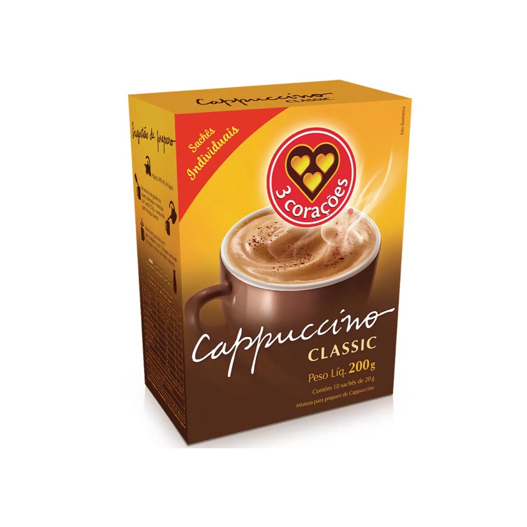 Cappuccino 3 Corações Classic Tradicional em Sachê Dose individual 20g - 10 Pacotinhos Capucino em Oferta na Shopee