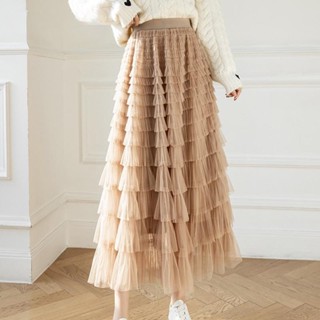 Qooth Outono Coreano Estilo Malha Puffy Cake Saia Longa Elegante Vintage Elástico Cintura Alta Bata De Tule De Gaze QT1989