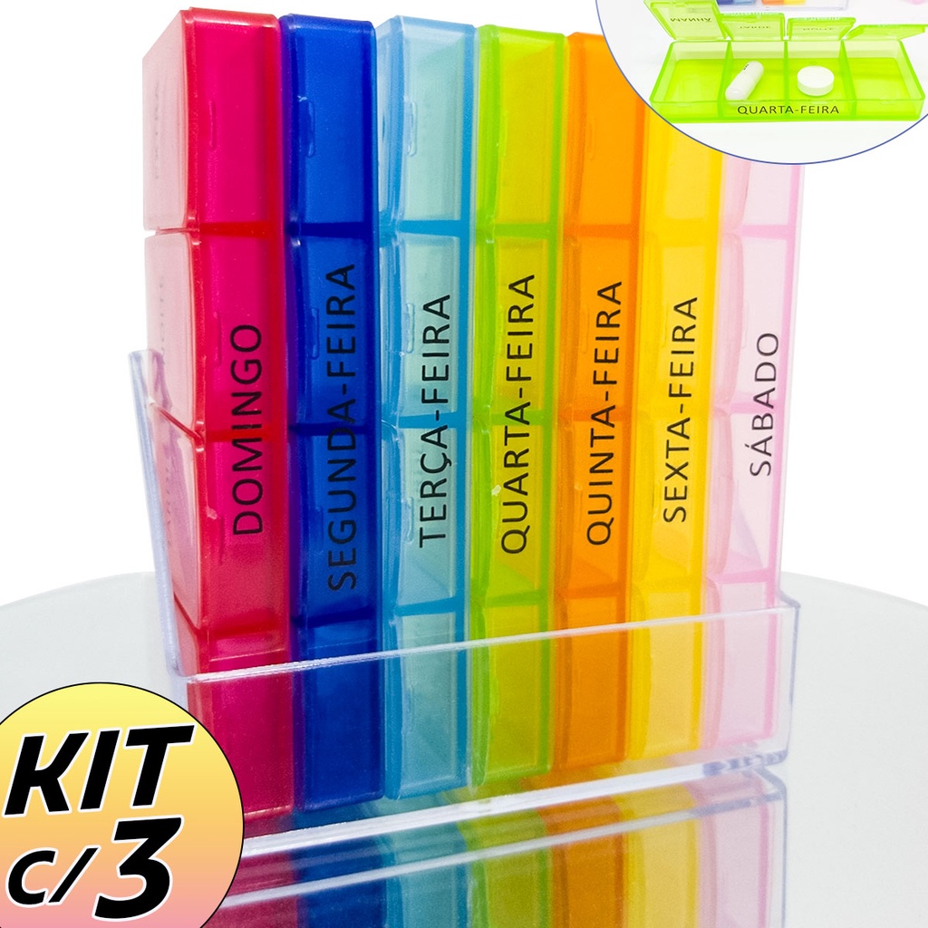 Kit 3 Mini Porta Comprimido Remédio Vitamina Caixa Compacto Mesa Semanal Organizador Estojo Caixinha Comprimido