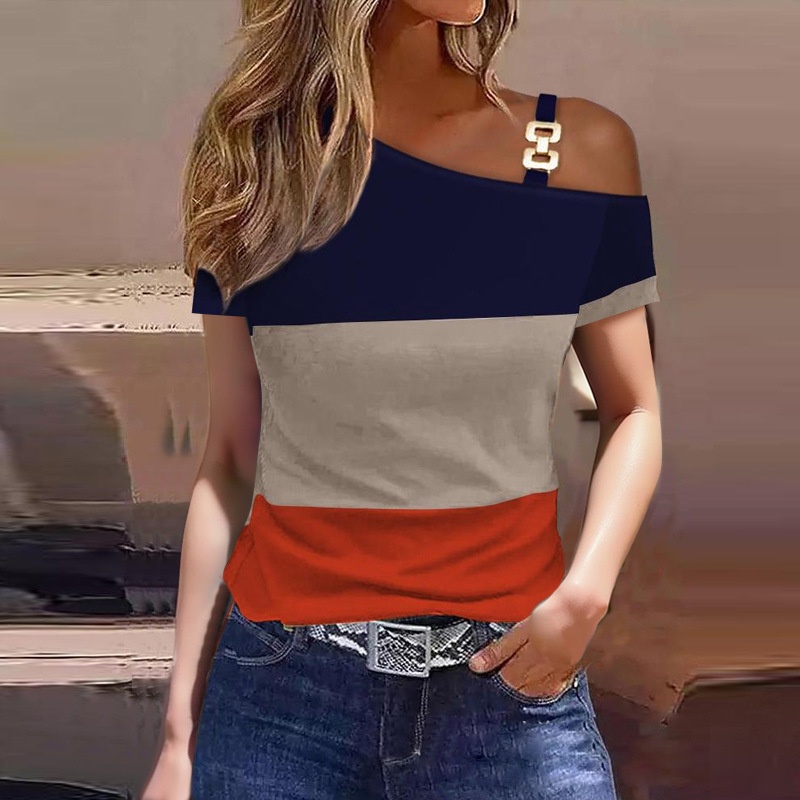 Blusa Feminina Elegante de Ombro Impressão de Blusas de Manga Curta Camisas Femininas Casual Sexy de Um Tops de Colarinho de Outono Moda