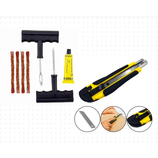 3 Estilete de corte com trava lâmina + Kit Conserto Reparo Pneus