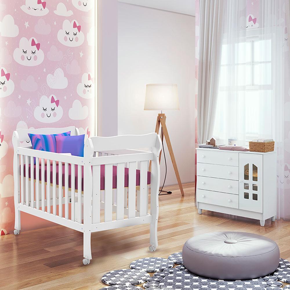 Quarto de Bebê Selena Berço 3 em 1 Lila Cômoda Infantil com Porta Branco Carolina Baby