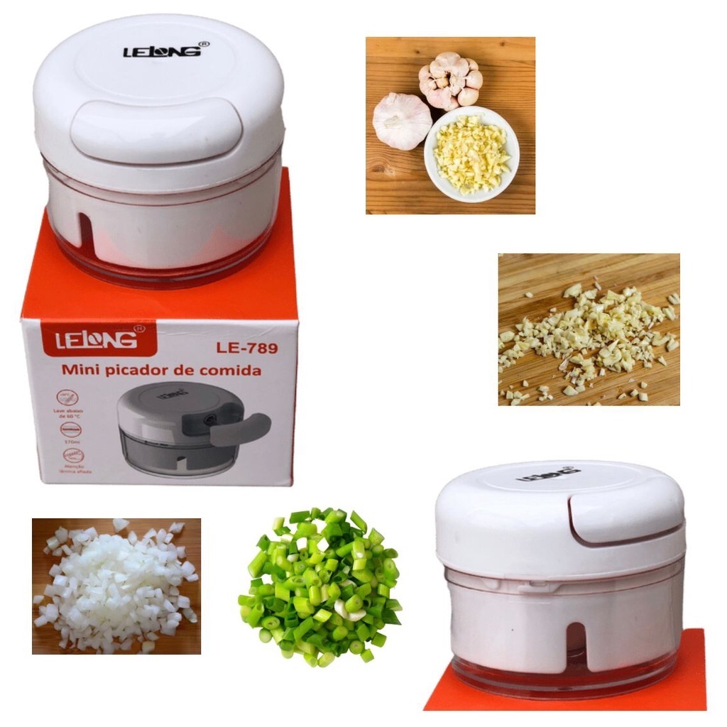 Mini Processador Triturador de Alimentos Manual 02 Laminas Inox Picador de Comida Alho Cebola