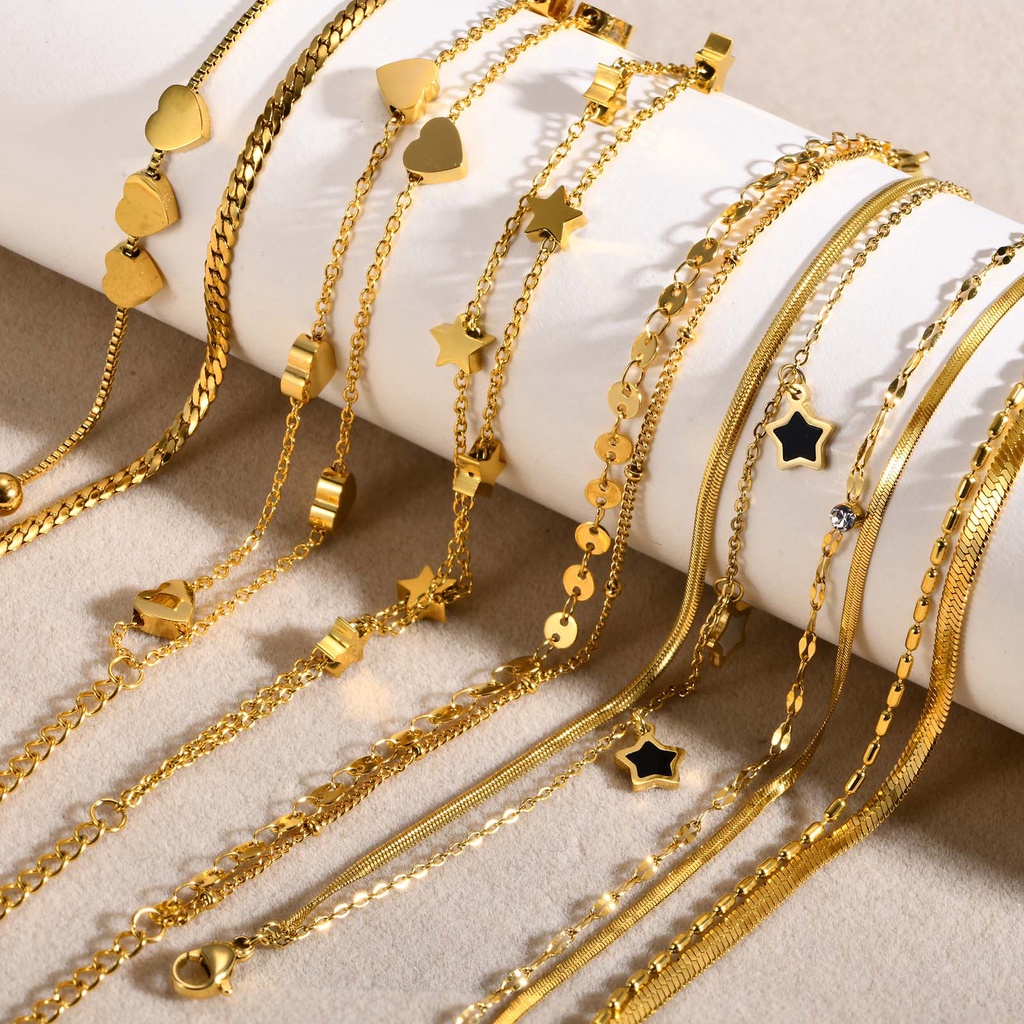 Vnox 18K Gold Coleção De Pulseiras De Dupla Camada De Ouro Para Mulheres , Elo De Corrente De Pingentes Do Coração Star