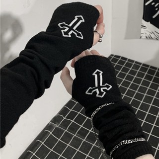 Punk Estilo EMO Streetwear Mulheres Pulso Braço Aquecedor De Malha Longas Luvas Sem Dedos Mitten Preto Halloween Cruz Luvas Lua Negra T8AP
