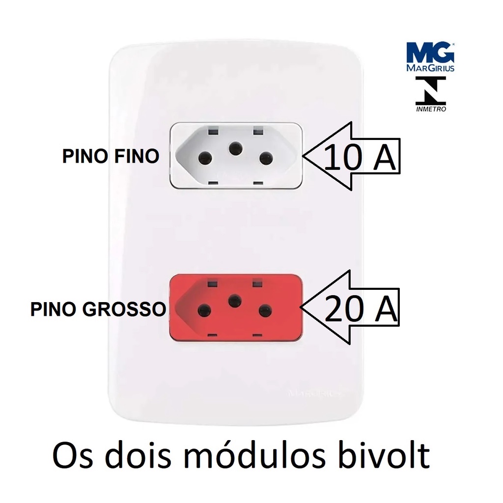Tomada Dupla 10a branca + 20a vermelha 4x2 2x4 Bivolt até 250v Margirius Linha B3