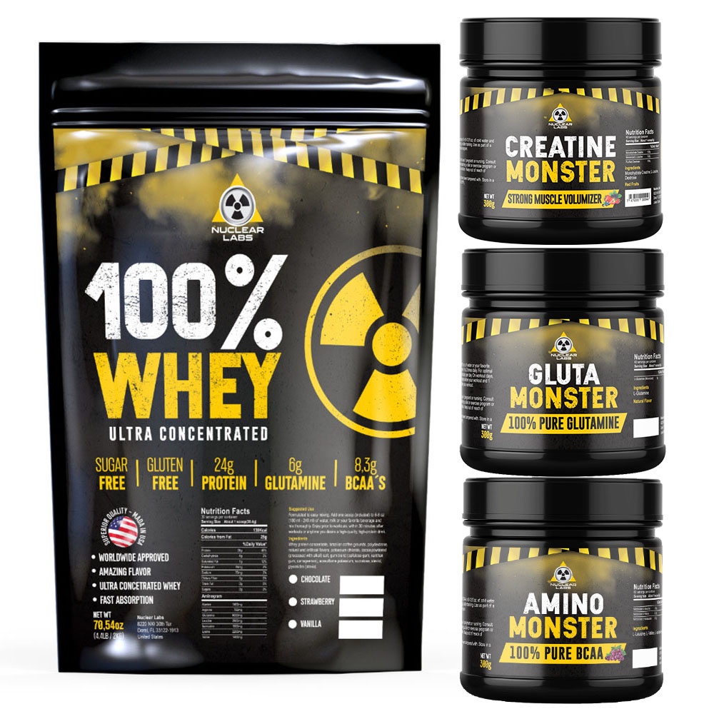 Kit Monster Whey 100% 2kg Creatina Bcaa Glutamina Morango