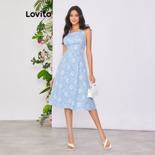 Lovito Vestido Básico com Estampa Floral Ditsy para Mulheres LBE02032 (Azul)