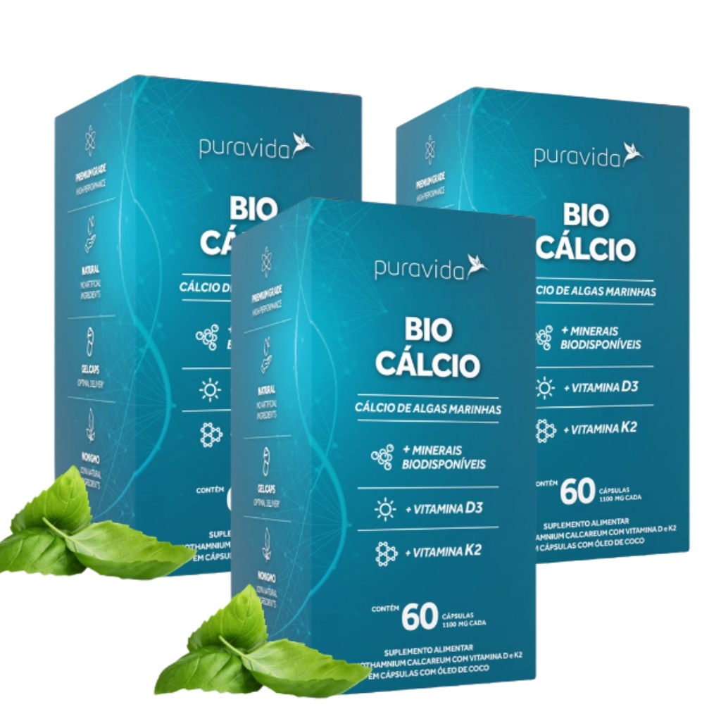 Kit 3 Bio Cálcio Marinho Minerais Vitaminas D3 K2  PuraVida