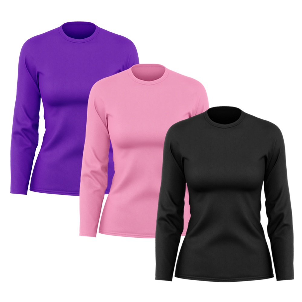 Kit 3 Camisetas Feminina Manga Longa Dry Fit Básica Lisa Proteção Solar UV Térmica Blusa Academia Esporte Praia
