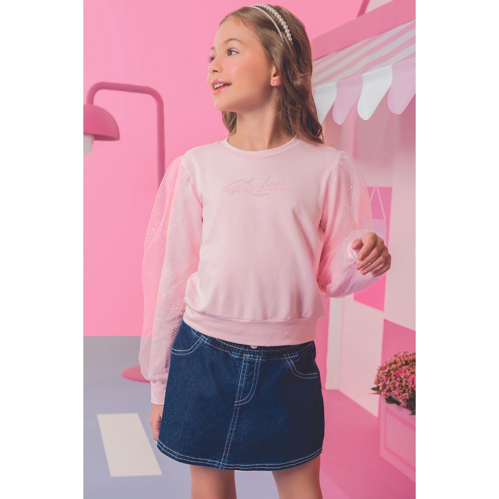 Conjunto Short saia jeans e blusa rosa infantil menina 10 14