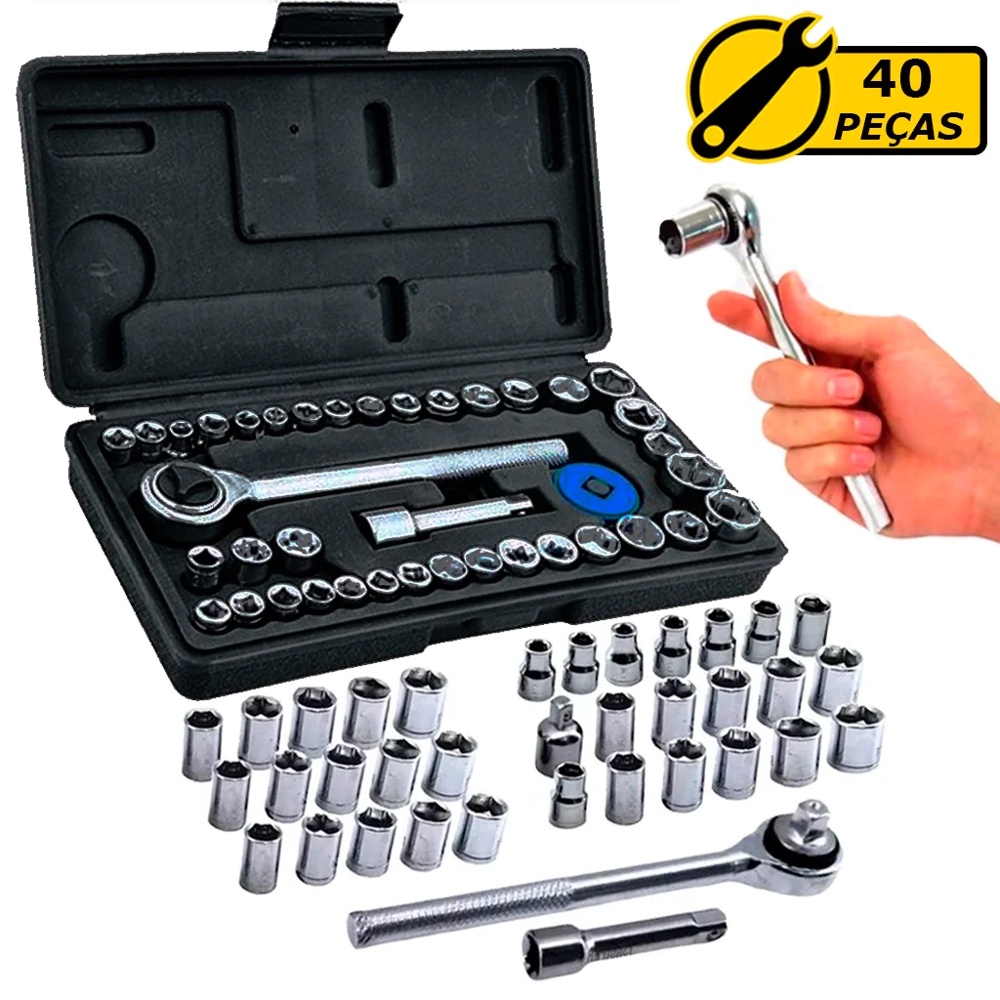 Kit Jogo De Soquete 40 Peças Chave Catraca Reversível Resistente Pressão Abrasão Aço Carbono em Oferta na Shopee