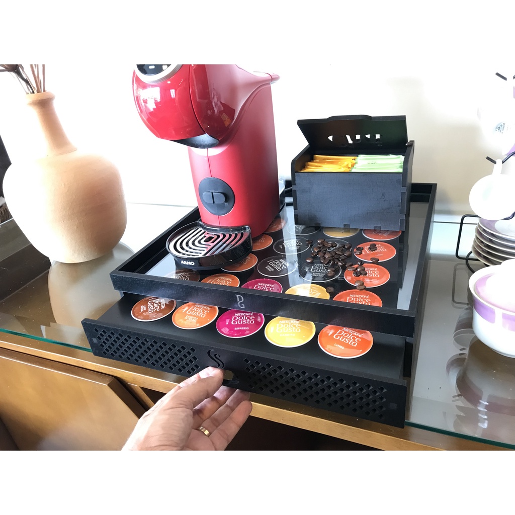 Dolce Gusto Suporte Para Cafeteiras Com 1 Gaveta Organizadora De Cápsulas Capacidade de 25 Unidades E Vidro Temperado Suportando Uma Cafeteira de 7 Kg