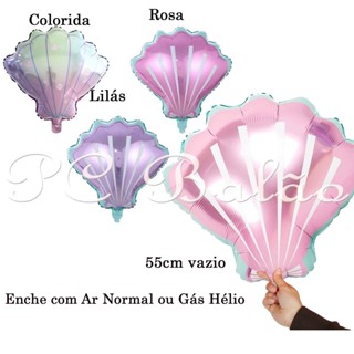 Kit 3 Balão Metalizado 3 Concha (1 Rosa 1 Líllas 1 Colorida ) 55cm Decoração Festa Sereia