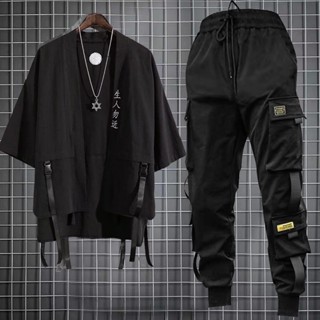 Calças De Carga Femininas Masculinas Pretas + Buraco Preto Hem Print Streetwear T-Shirt Short Sleeve Wide Set