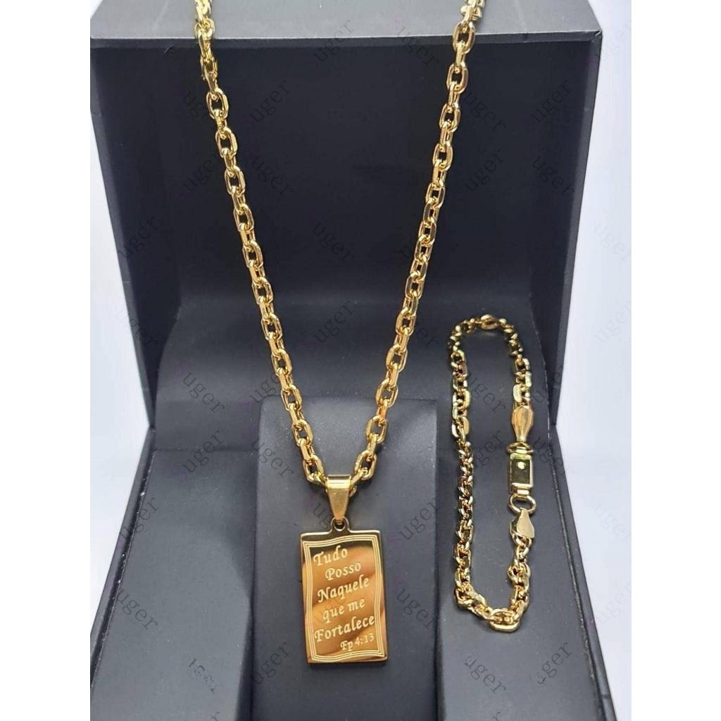 Kit Corrente E Pulseira Masculina Gominho 4mm X 60cm Pingente De Tudo Posso Naquele Que Me Fortalece Dourado  Aço Inoxidável 316L Marca
