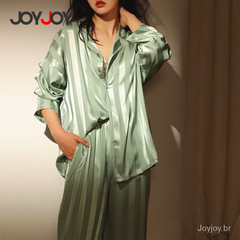 Joyjoy Pijama Feminino de Primavera e Outono em Seda Gelada–Manga Longa,Estilo Charmoso,Conjunto Solto para Uso Caseiro