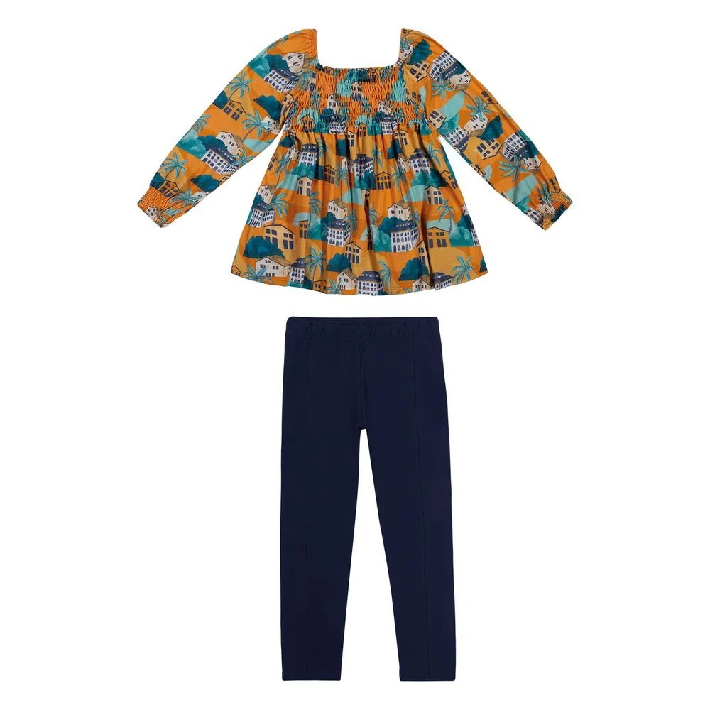 Roupa Infantil Blusa Estampada Mangas Bufantes Calça Legging Básica Inverno Estiloso Confortável