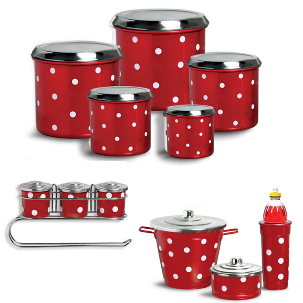 Kit com 12 Unidades Formado por  5 Potes de Jogo De Lata para Alimentos  1 Kit Pia com Lixeira Porta Detergente e Porta Esponja 3 Potes para Tempero com suporte. Latas em Alumínio Colorido Pintura Eletrostática decorado a Mão. Suporte da foto Aço Cromado