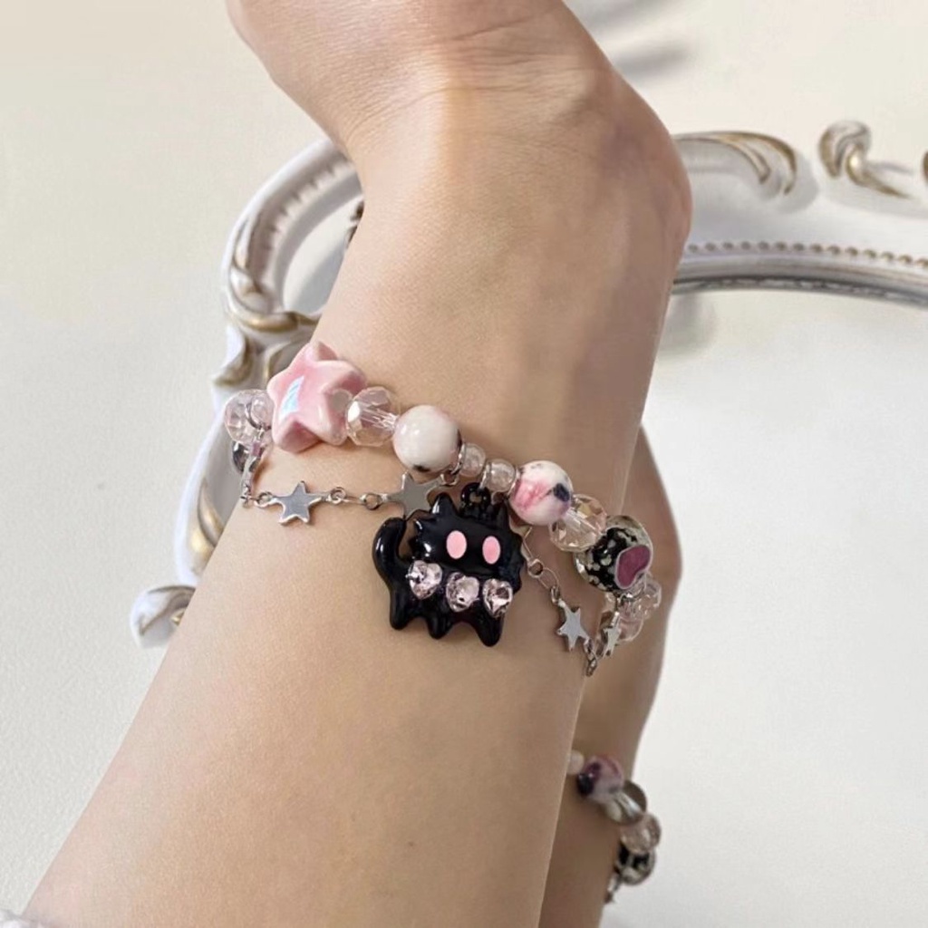 Engraçado Pequeno Gato Com Contas Imitação Pulseira De Cristal Pedra Natural Design Sentimento Legal Avançado