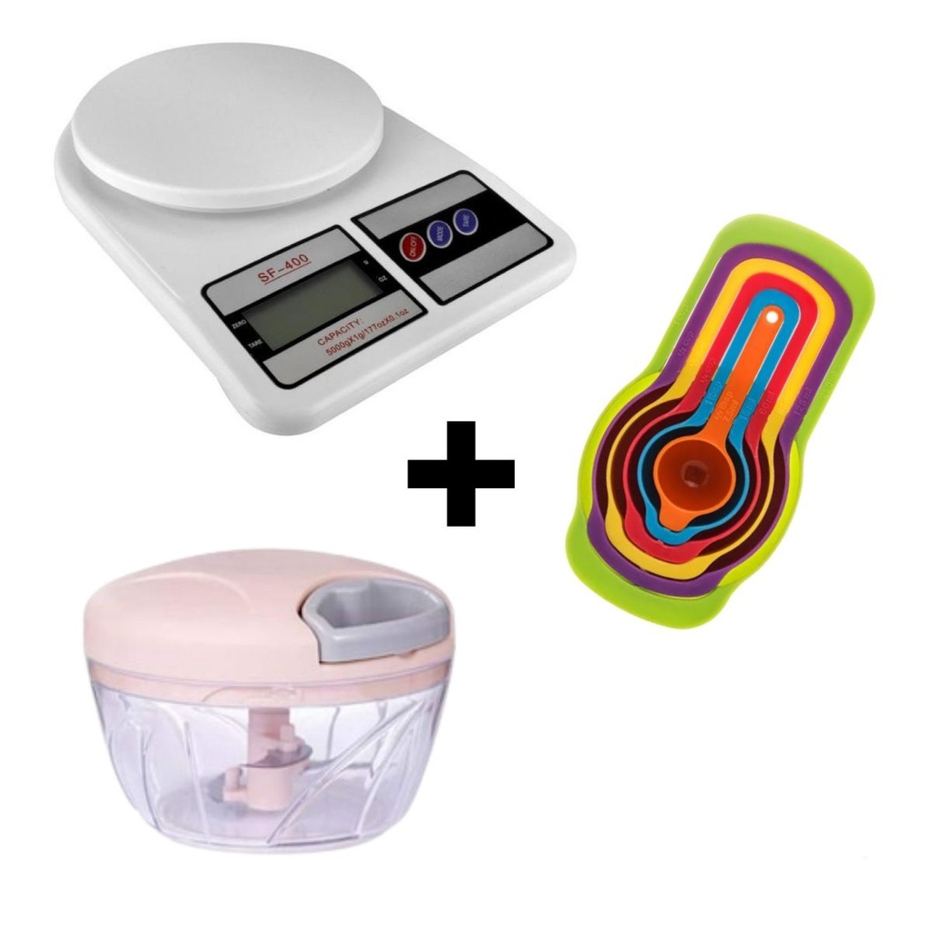 Kit Balança De Cozinha + Triturador De Alimentos Manual + Kit De Medidas