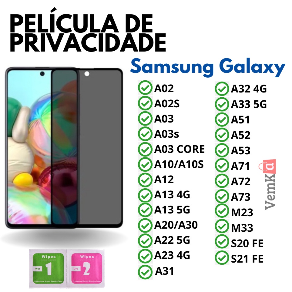 Película De Vidro 3D Privativa Anti Spy Para Samsung Galaxy A02 A02S A03S/CORE A10 A10S A12 A13 4G/5G A20/A30 A22 5G A23 4G A31 A32 4G A33 5G A51 A52 A53 A71 A72 A73 M23 M33 S20 FE S21 FE Película de Privacidade