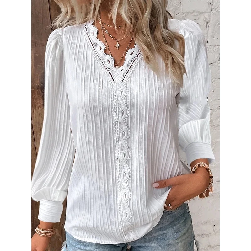 Blusa Feminina Elegante De Manga Longa Blusas De Pescoço Em V Costura De Renda E Roupa Social Branca — imagem 1