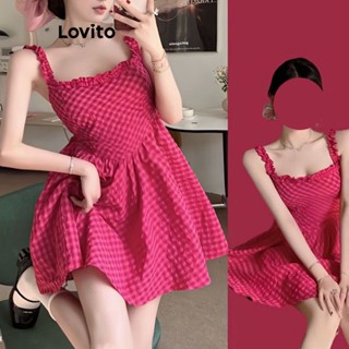 Lovito Vestido Estruturado com Babados e Estampa Xadrez com Bainha de Alface para Mulheres LNA17169 (Rosa Choque)