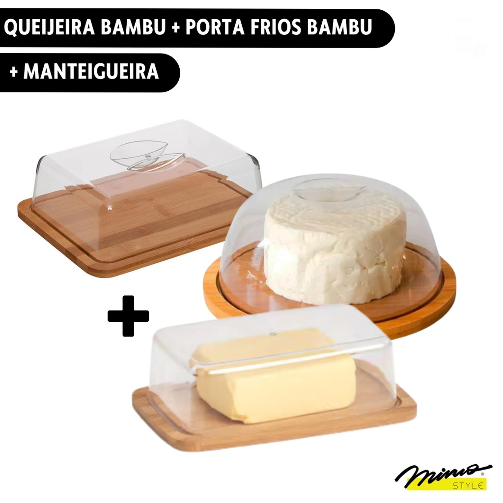 Kit Queijeira + Manteigueira + Porta Frios Bambu Ecokitchen