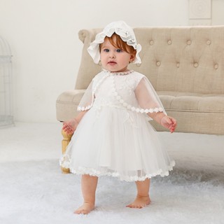 Vestido De Batizado Renda Branca Para Meninas Princesa Com Chapéu Recém-Nascido