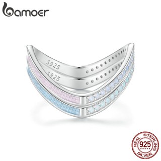 Bamoer 925 Sterling Silver V Shape Blue E Pink Ring Anéis De Casal Multitamanho